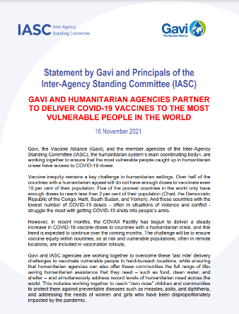 Statement by Gavi and Principals of the IASC to Deliver on COVID-19 Vaccines to the Most Vulnerable People in the World