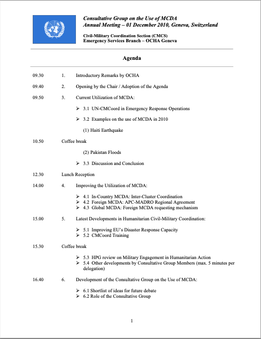 Agenda - OCHA Consultative Group on the Use of MCDA Annual Meeting 2010