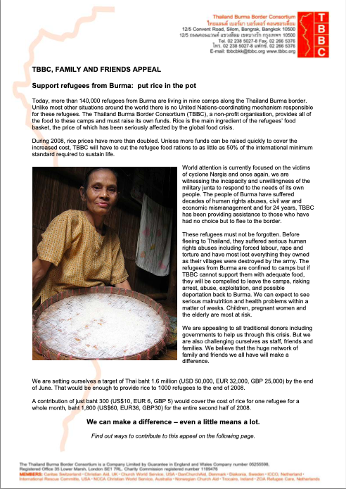 Appeal - Thailand Burma Border Consortium Support Refugees from Burma - Put Rice in the Pot
