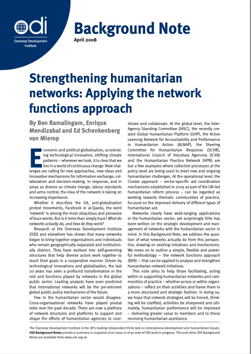 Background Note - Overseas Development Institute Strengthening Humanitarian Networks - Applying the Network Functions Approach