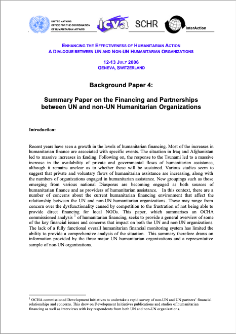 Background Paper - OCHA Summary Paper on the Financing and Partnerships between UN and Non-UN Humanitarian Organizations