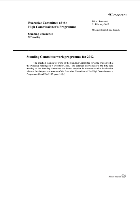Calendar of Work - UNHCR Standing Committee 53rd Meeting Work Programme for 2012