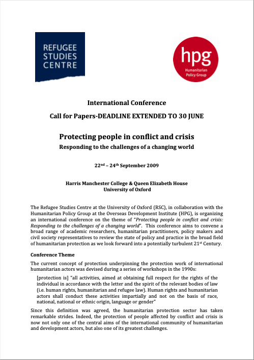 Call for Papers - Refugee Studies Centre and Humanitarian Policy Group Protecting People in Conflict and Crisis - Responding to the Challenges of a Changing World