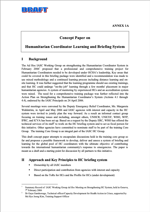 Concept Paper (draft) - Inter-Agency Standing Committee Humanitarian Coordinator Learning and Briefing System