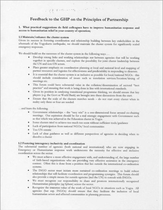 Document - ICVA Feedback to the Global Humanitarian Platform on the Principles of Partnership