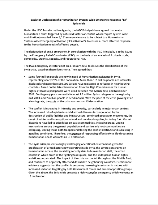 Document - Inter-Agency Standing Committee Emergency DirectorsBasis for Declaration of a Humanitarian System-Wide Emergency Response 'L3' Syria Crisis