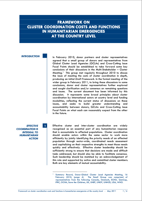 Document - Multi-Stakeholder Cluster Meeting Framework on Cluster Coordination Costs and Functions in Humanitarian Emergencies at the Country Level