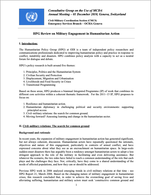 Document - OCHA Consultative Group on the Use of MCDA Annual Meeting 2010 Humanitarian Policy Group Review on Military Engagement in Humanitarian Action
