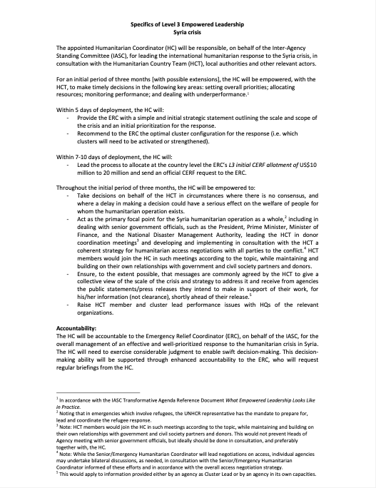Document - Inter-Agency Standing Committee Specifics of Level 3 Empowered Leadership Syria Crisis