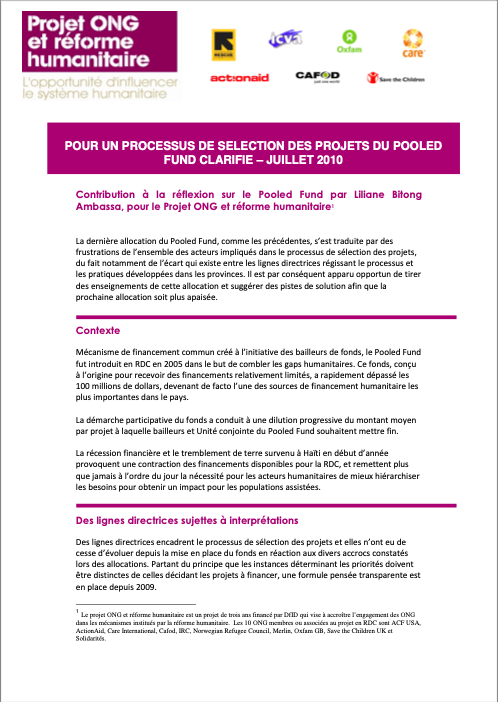 Document - The NGO and Humanitarian Reforms Project Clarified Pooled Fund Project Selection Process - July 2010