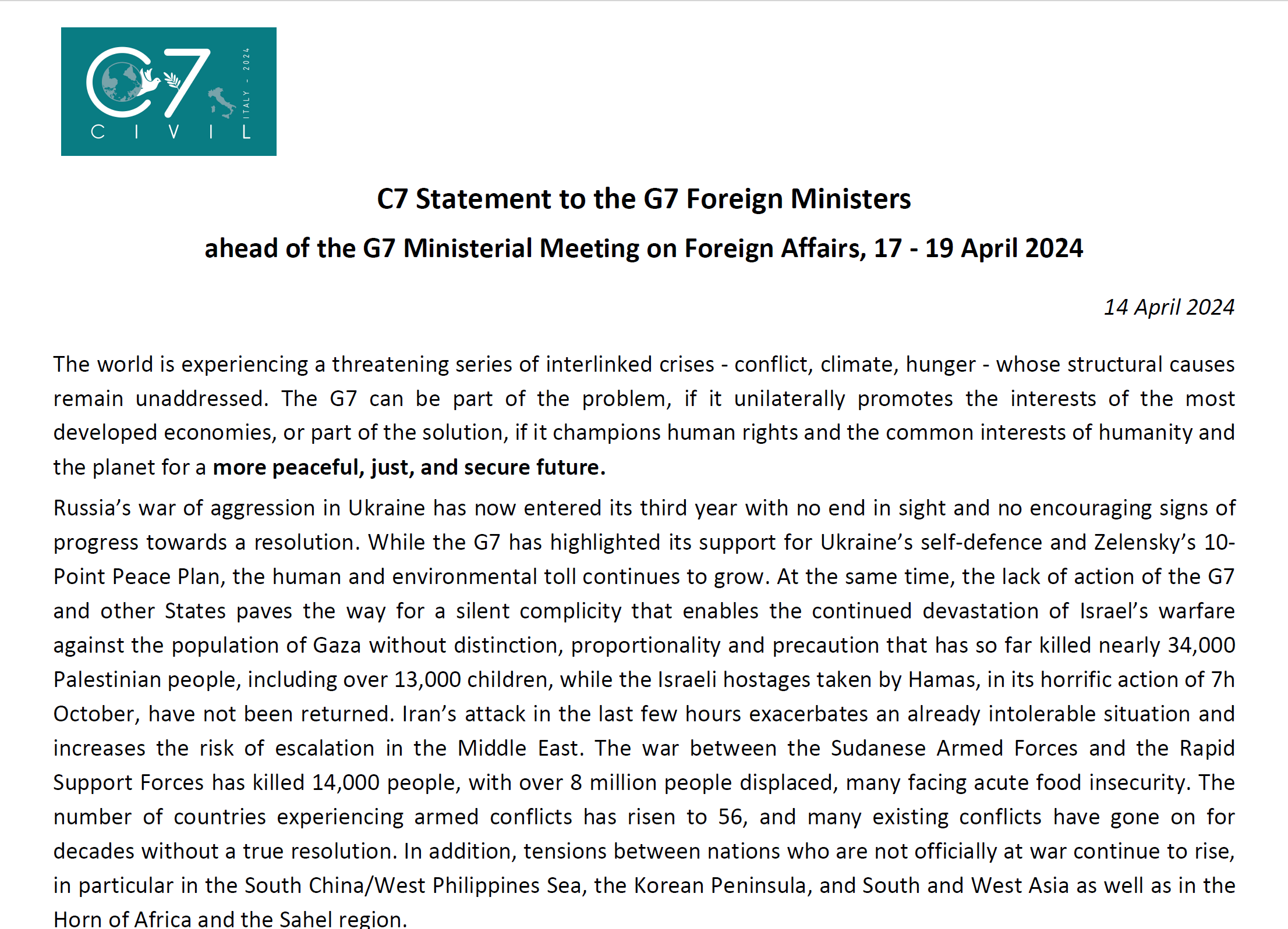 C7 Statement to the G7 Foreign Ministers