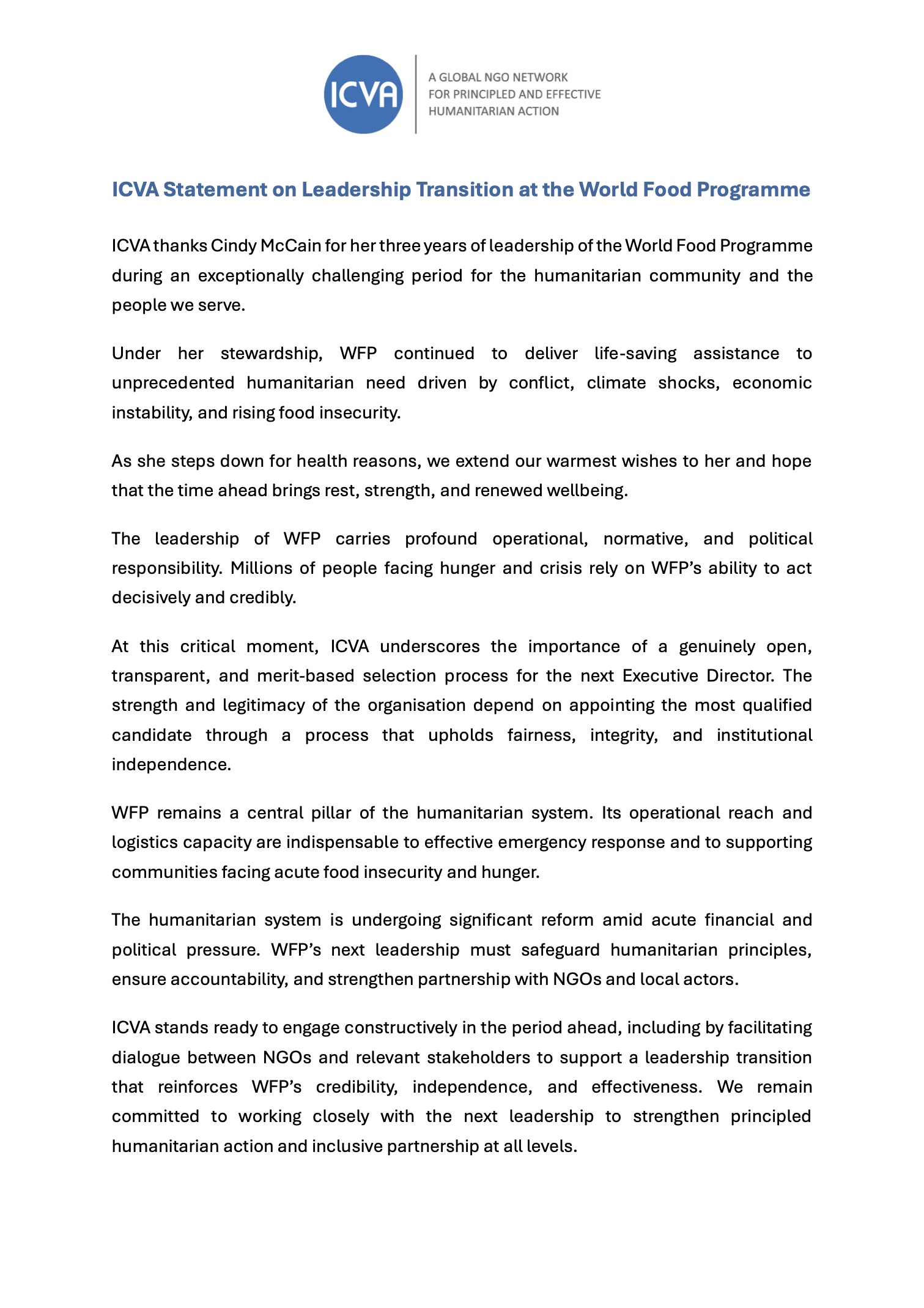[thumbnail] ICVA Statement on Leadership Transition at WFP