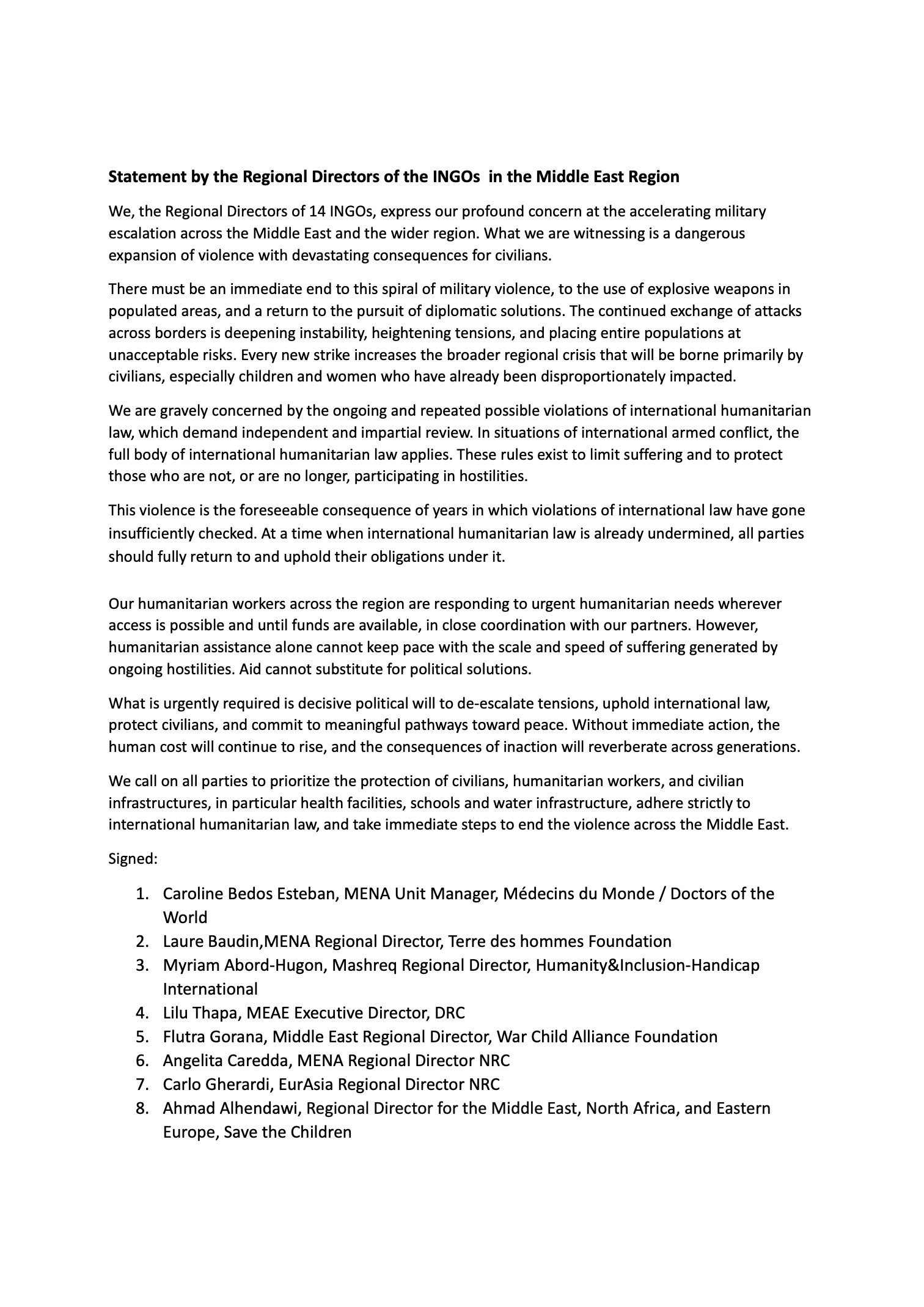 [thumbnail] Statement by Regional Directors of 14 INGOs in the MENA Region - March 2026
